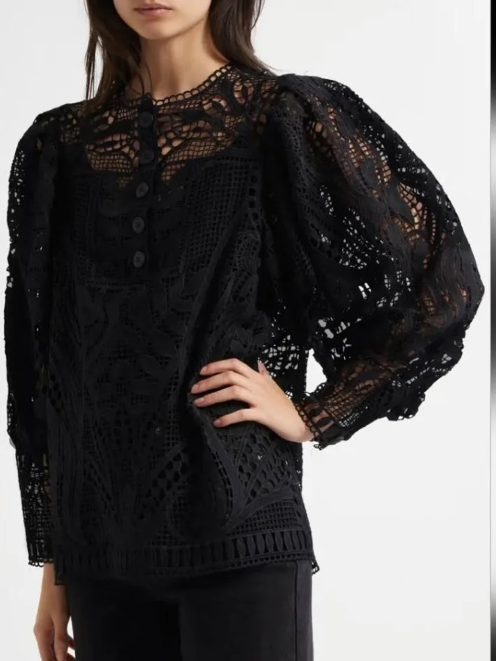 FARM Rio Black Guipure Lace Puff Sleeve Blouse Top Size M Sheer